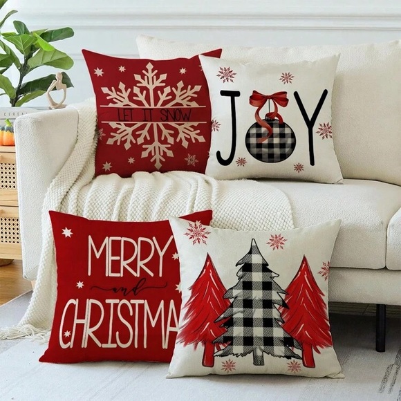 NWT- Set of 4- Red & Cream- Merry Christmas, Linen Pillow Covers Set 18x18 - Picture 2 of 7